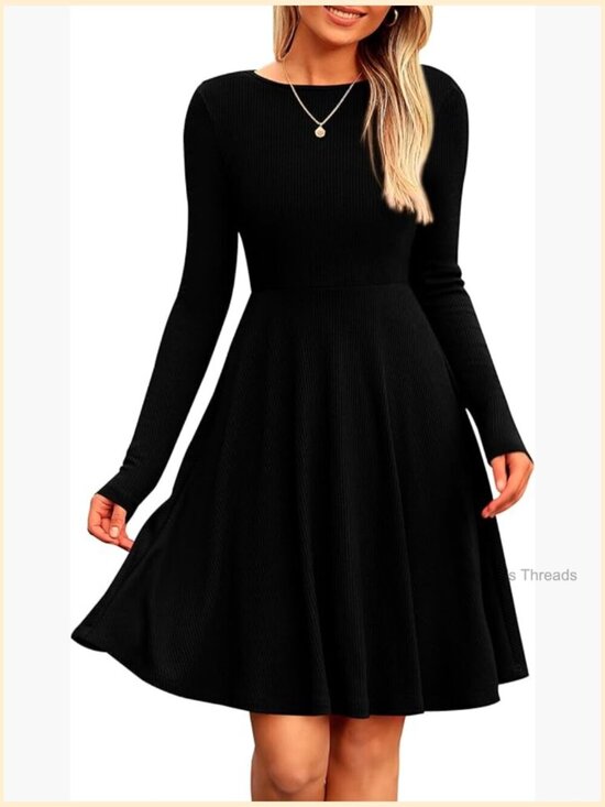 Dresses & Skirts - Ribbed Knit Crewneck Long Sleeve A-Line Mini Dress